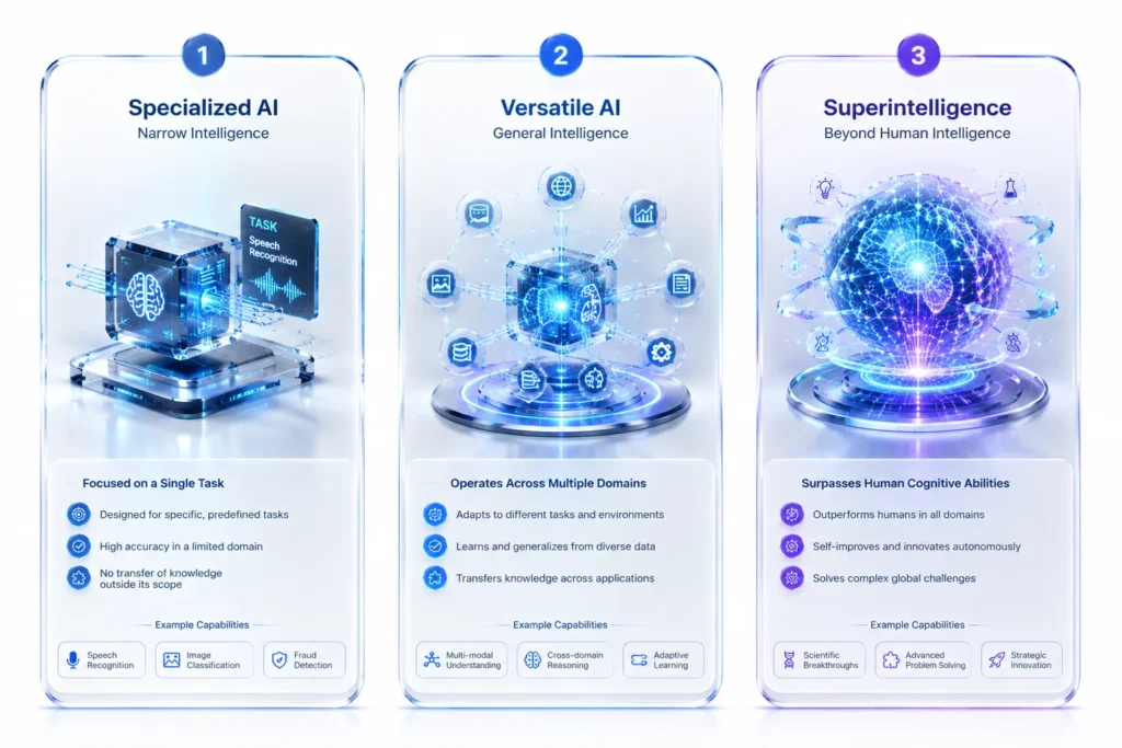 Comparison chart of narrow AI, general AI, and superintelligence