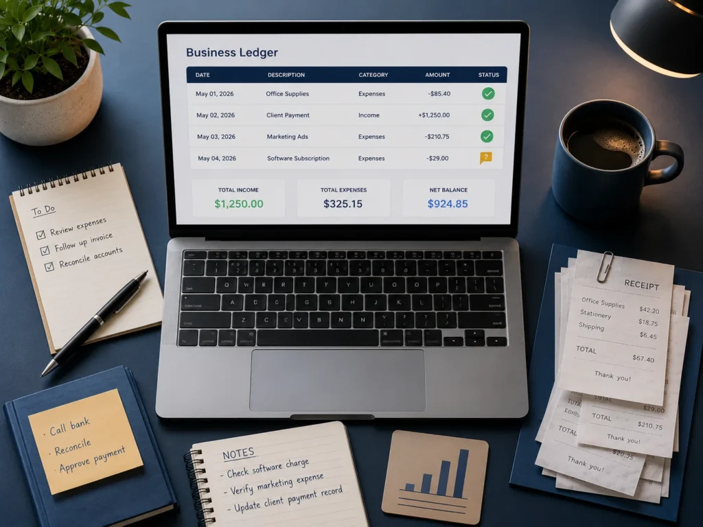 AI bookkeeping agents for small business categorising transactions on a laptop ledger