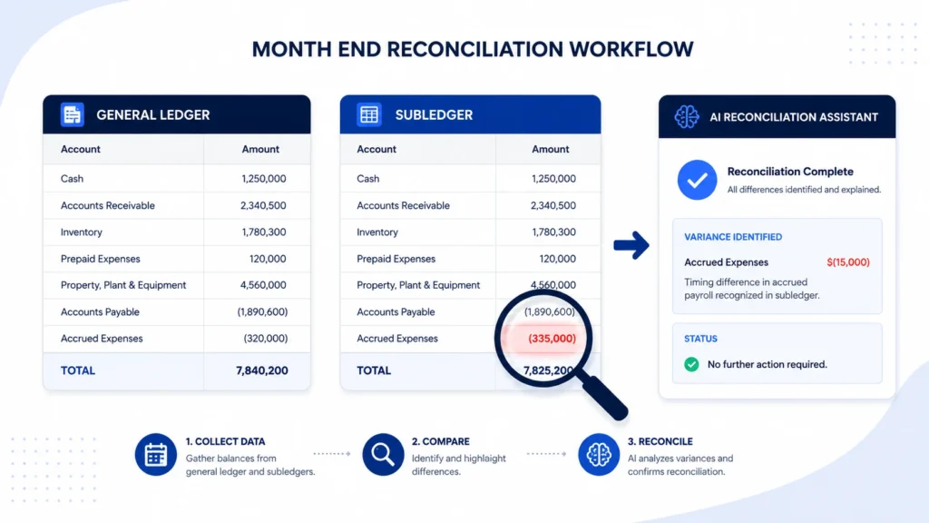 AI assistant flagging a mismatch between general ledger and subledger during reconciliation