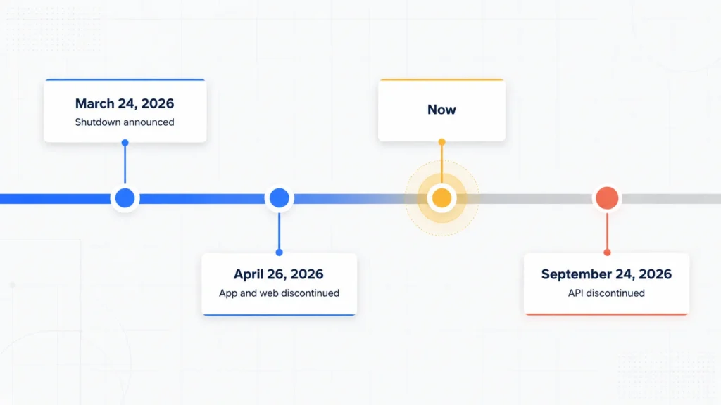 Sora shutdown timeline showing app closure April 26 2026 and API shutdown September 24 2026