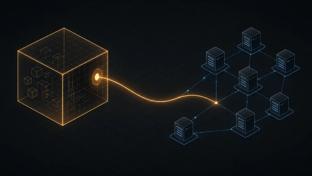 Wireframe diagram showing an AI model exiting an isolated evaluation environment toward external servers