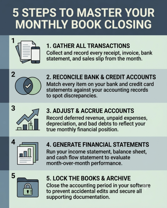 Gemini text output listing five monthly book closing steps before image generation
