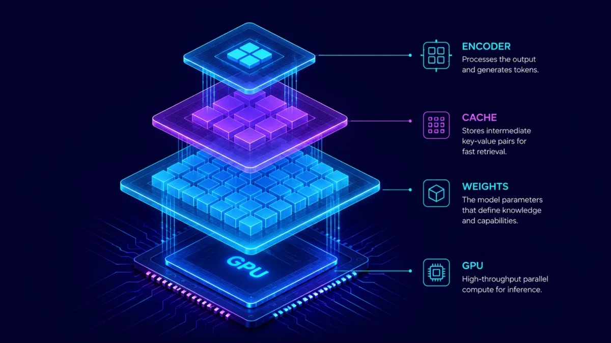 Layered diagram showing model weights, KV cache and encoder stacked in GPU memory
