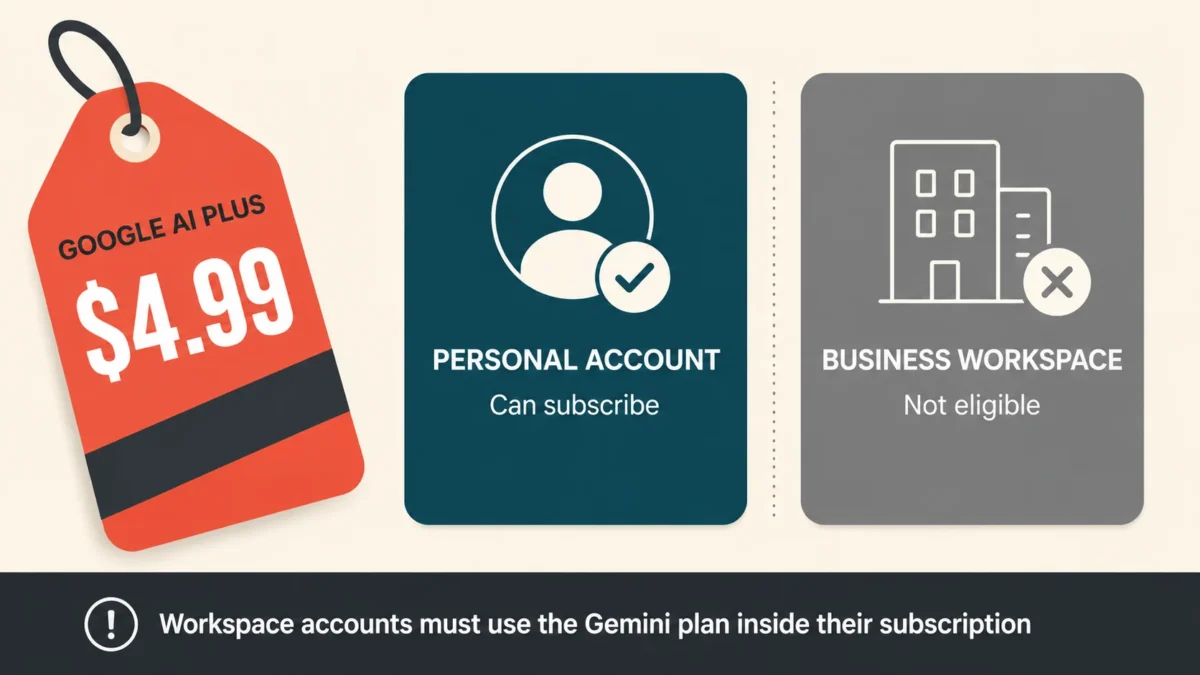 Google AI Plus at $4.99 is available to personal accounts but not eligible for business Workspace accounts