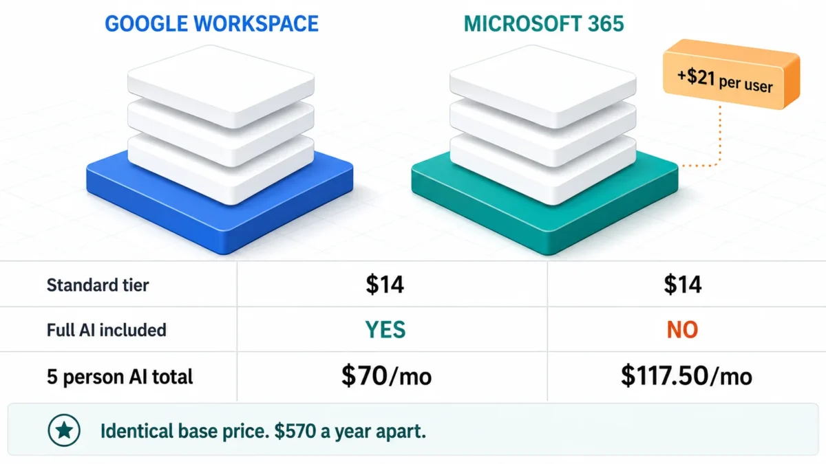 Google Workspace and Microsoft 365 both cost $14 per user at standard tier but Microsoft adds $21 per user for full AI