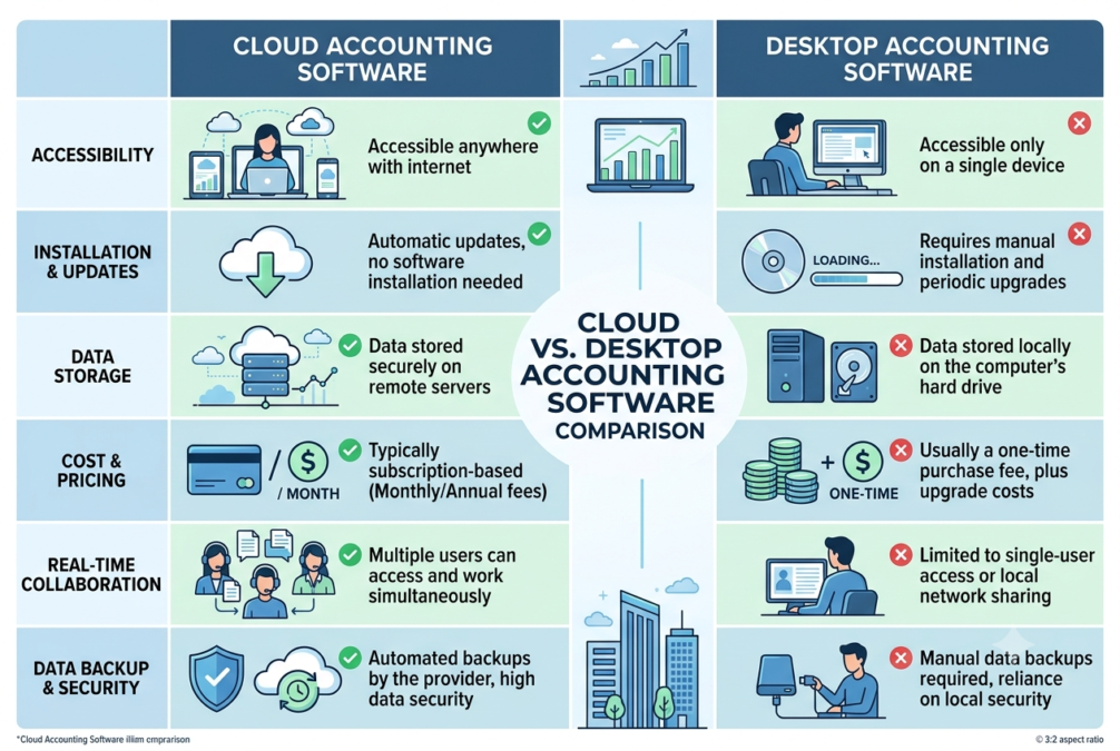 Cloud versus desktop accounting software comparison infographic in English
