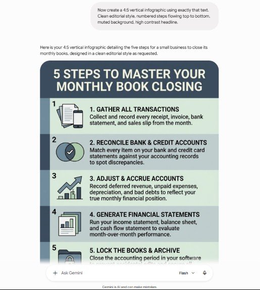 Vertical infographic generated by Nano Banana 2 showing five monthly book closing steps