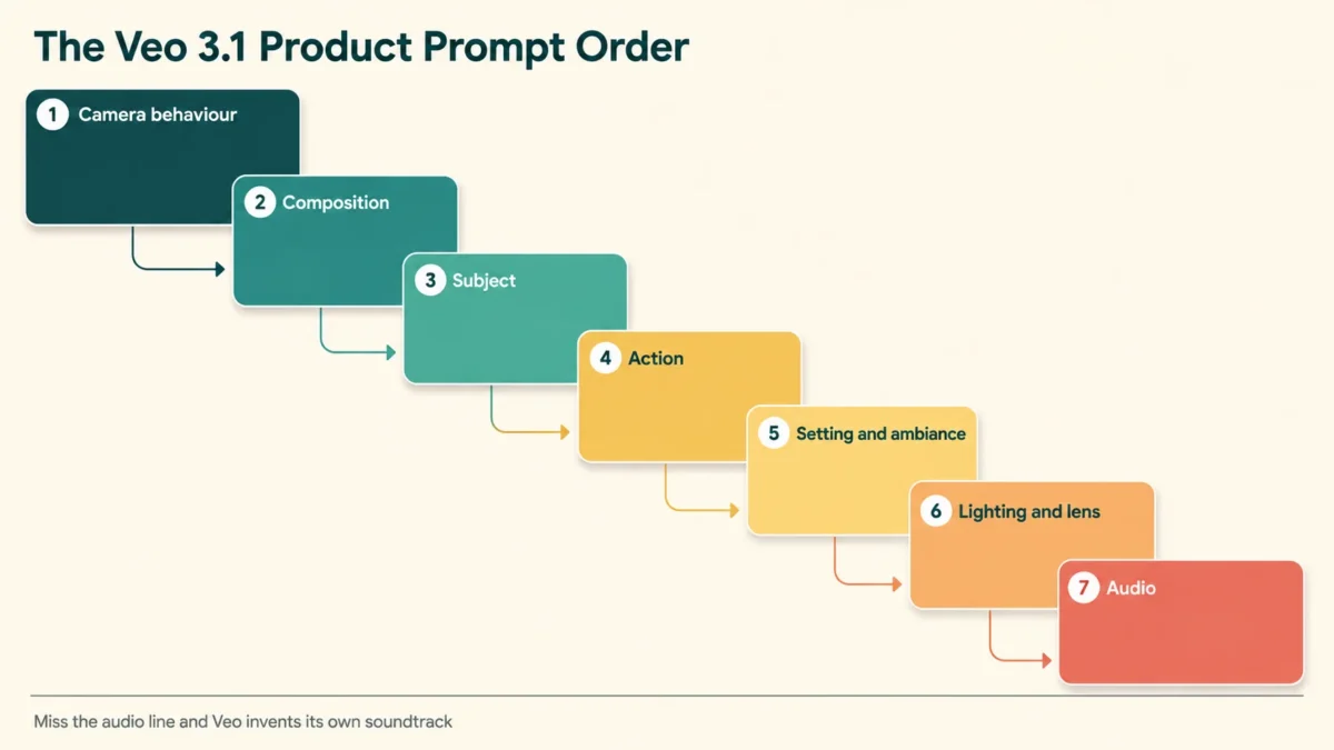 Seven step diagram showing the Veo 3.1 product prompt order from camera behaviour through composition, subject, action, setting, lighting and audio