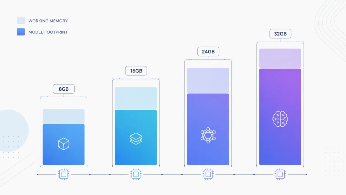 Chart showing model memory footprint against 8GB, 16GB, 24GB and 32GB hardware tiers