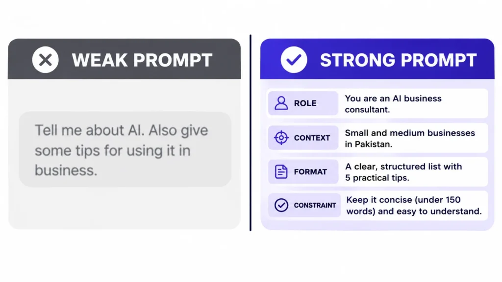 Comparison of a weak ChatGPT prompt and a strong structured prompt