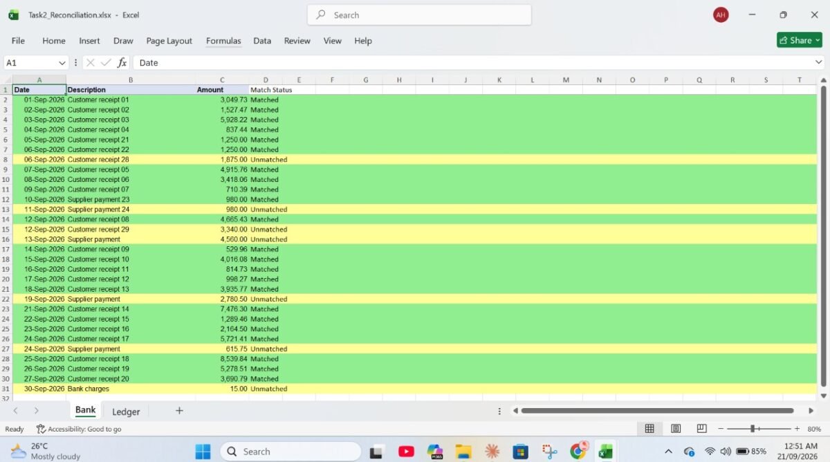 Bank sheet after Copilot macro with entire rows shaded green and yellow
