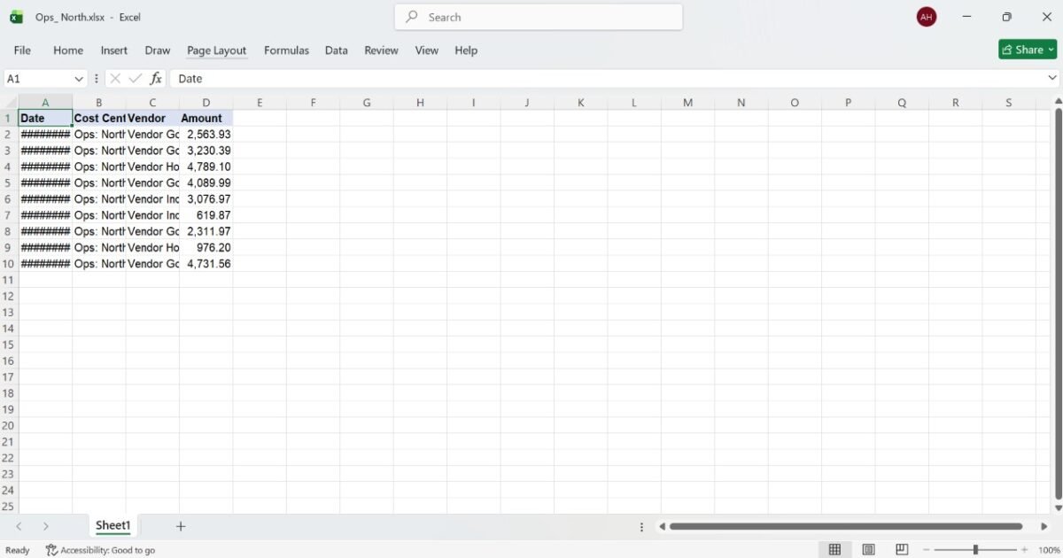 Ops North file created by the Copilot macro with the date column showing hash marks