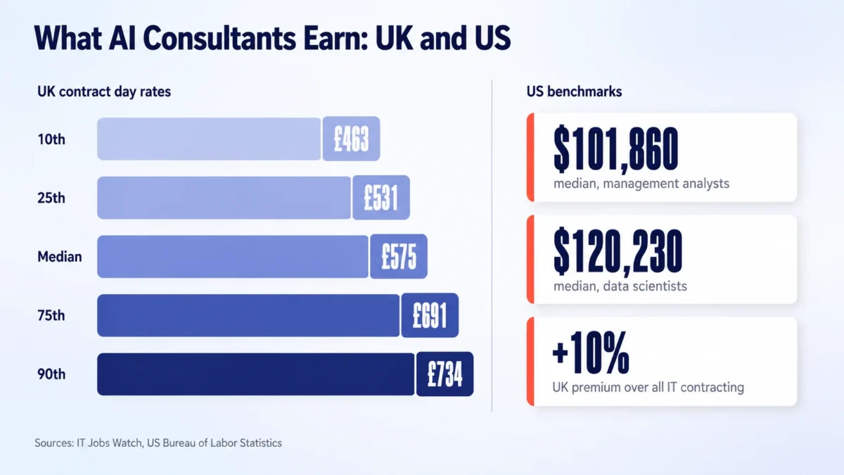 Two panel chart comparing UK AI consultant day rate percentiles with US Bureau of Labor Statistics wage benchmarks for 2026.