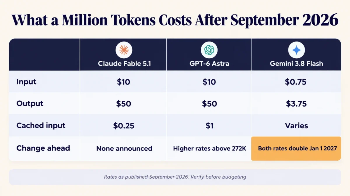 Token pricing comparison of Claude Fable 5.1, GPT-6 Astra and Gemini 3.8 Flash in September 2026