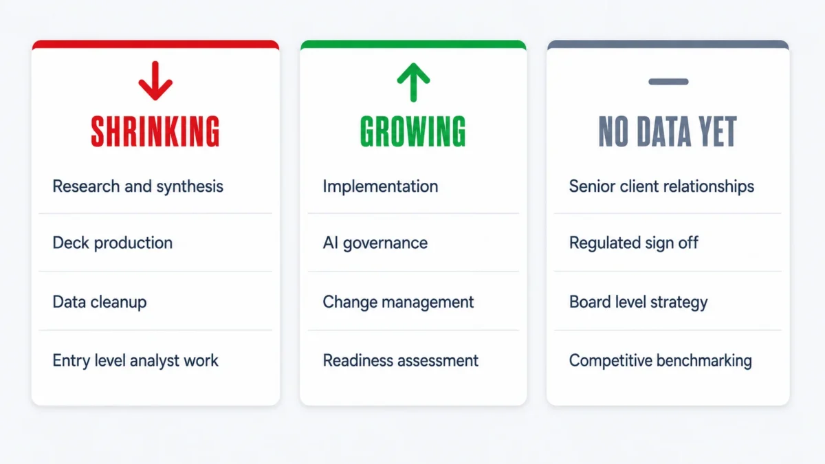 Three column diagram of consulting work splitting into tasks already shrinking, tasks growing, and tasks with no measurable change from AI.