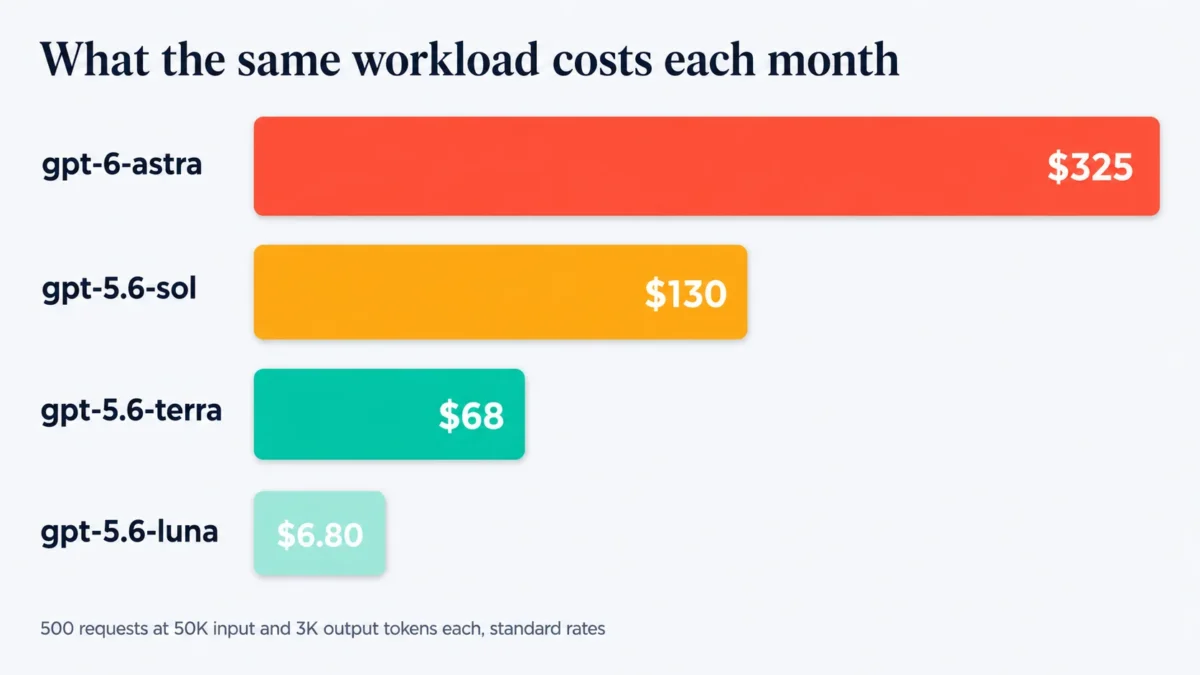 Bar chart comparing monthly cost of the same workload across GPT 6 Astra at $325, Sol at $130, Terra at $68 and Luna at $6.80