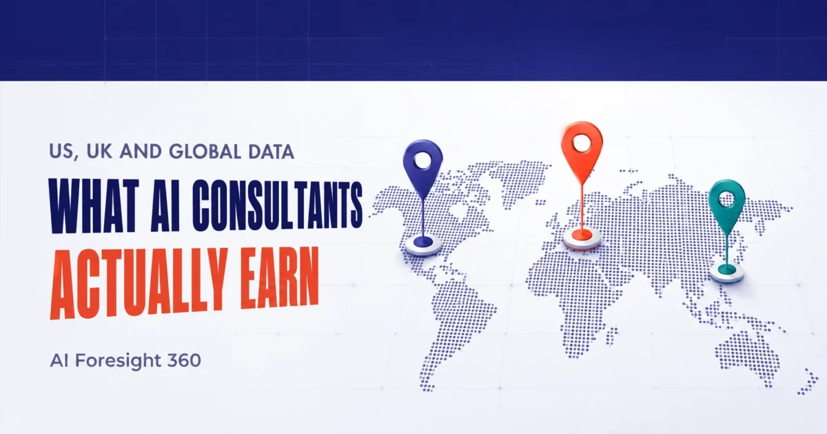 Global data graphic on how to become an AI consultant in 2026, showing US, UK and worldwide rate and demand benchmarks.