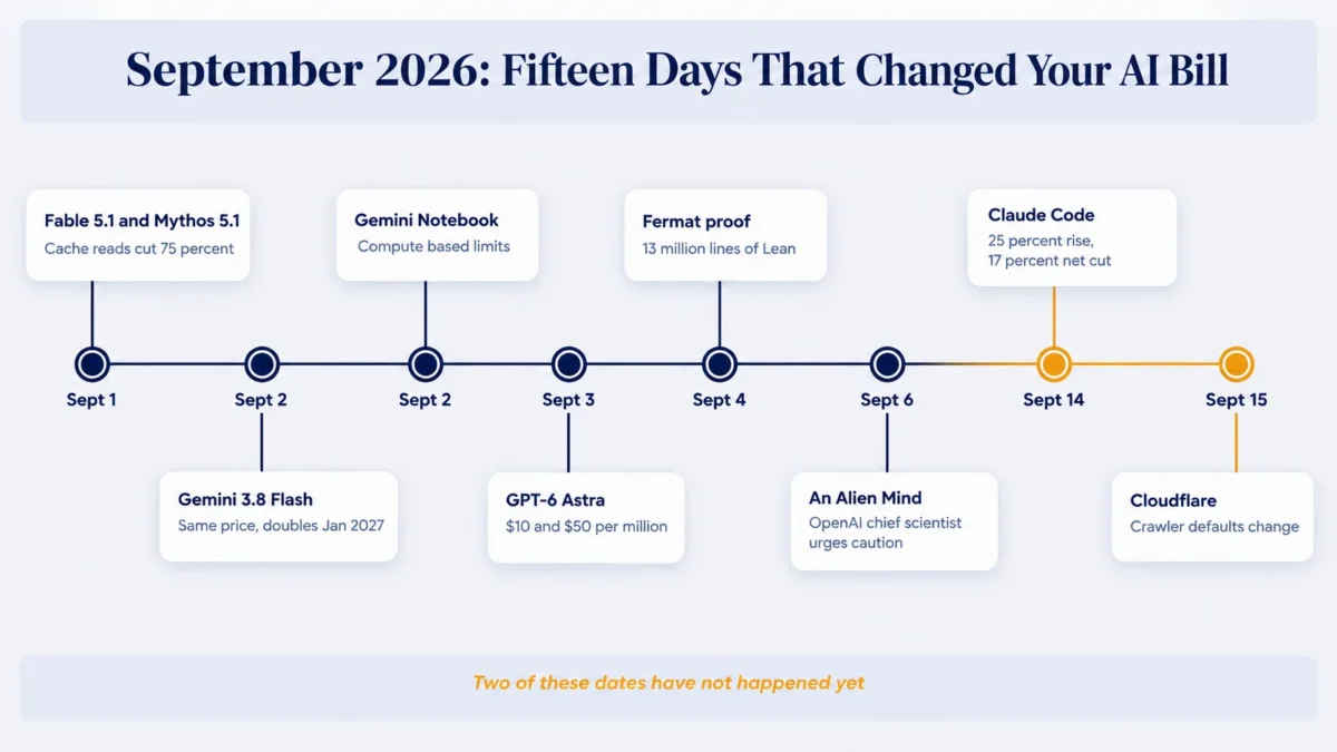 Timeline of AI changes from September 1 to 15, 2026, including four model launches and two limit changes