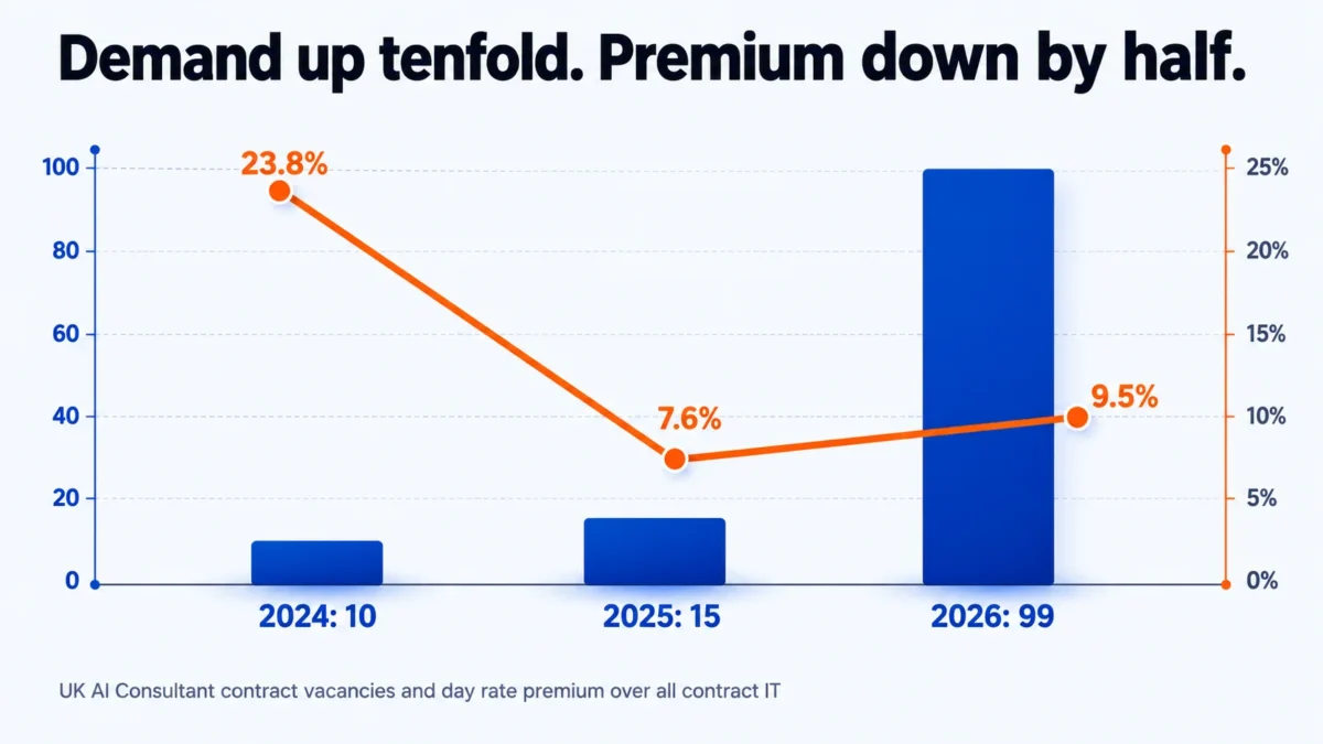 Chart showing UK AI Consultant contract vacancies rising from 10 to 99 while the day rate premium fell from 23.8 percent to 9.5 percent between 2024 and 2026.