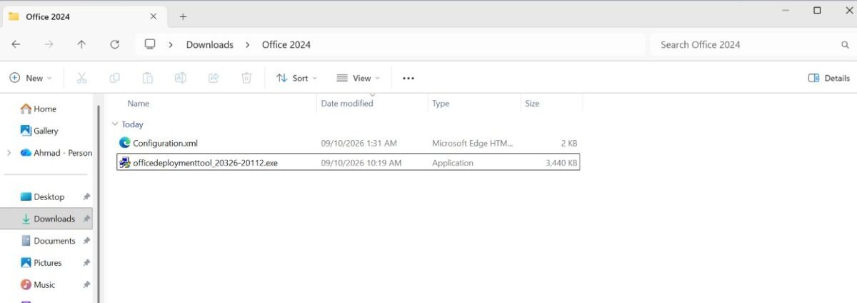 Office 2024 folder containing the exported XML file and the Office Deployment Tool file