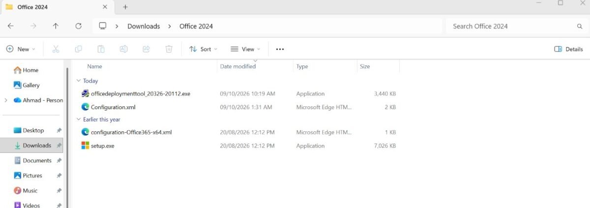 )ffice 2024 folder showing setup.exe and the configuration XML file after extraction