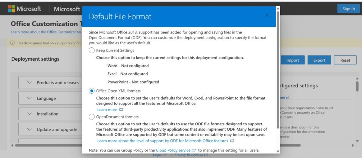 Office Customization Tool export window with the Office Open XML format selected