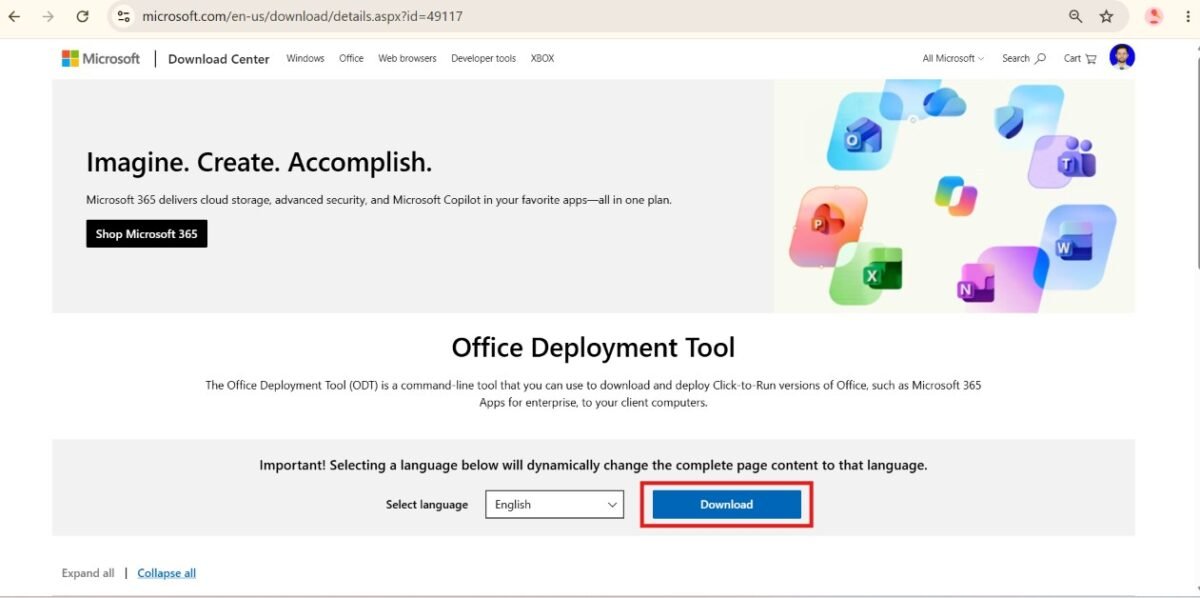 Microsoft Download Center page for the Office Deployment Tool with the Download button