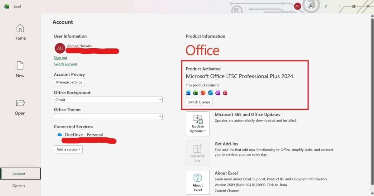 Excel Account page showing Office LTSC Professional Plus 2024 product information